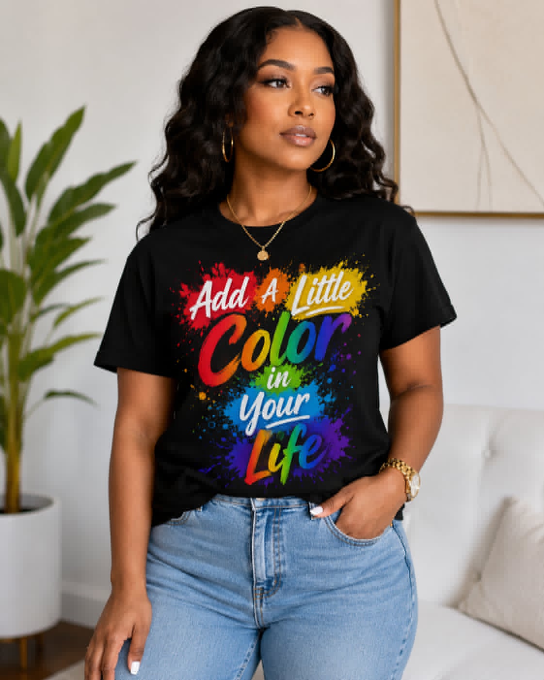 Woman wearing a black t-shirt with colorful text in a living room