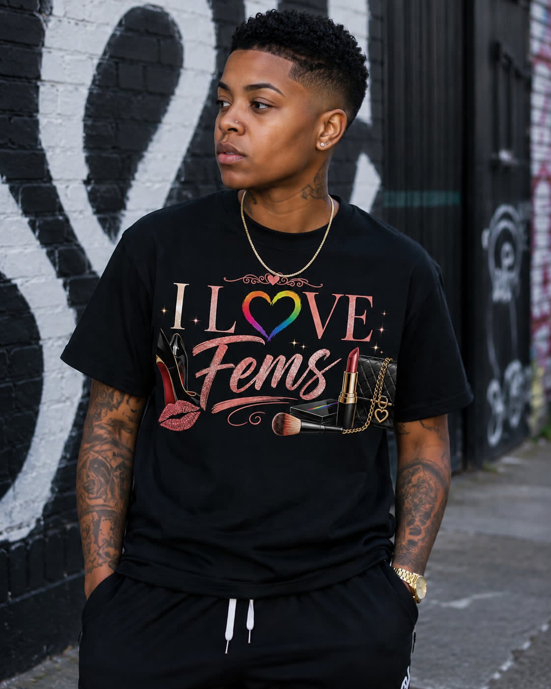Person wearing a black t-shirt with 'I LOVE FEMIS' text and graphics against a graffiti-covered wall.