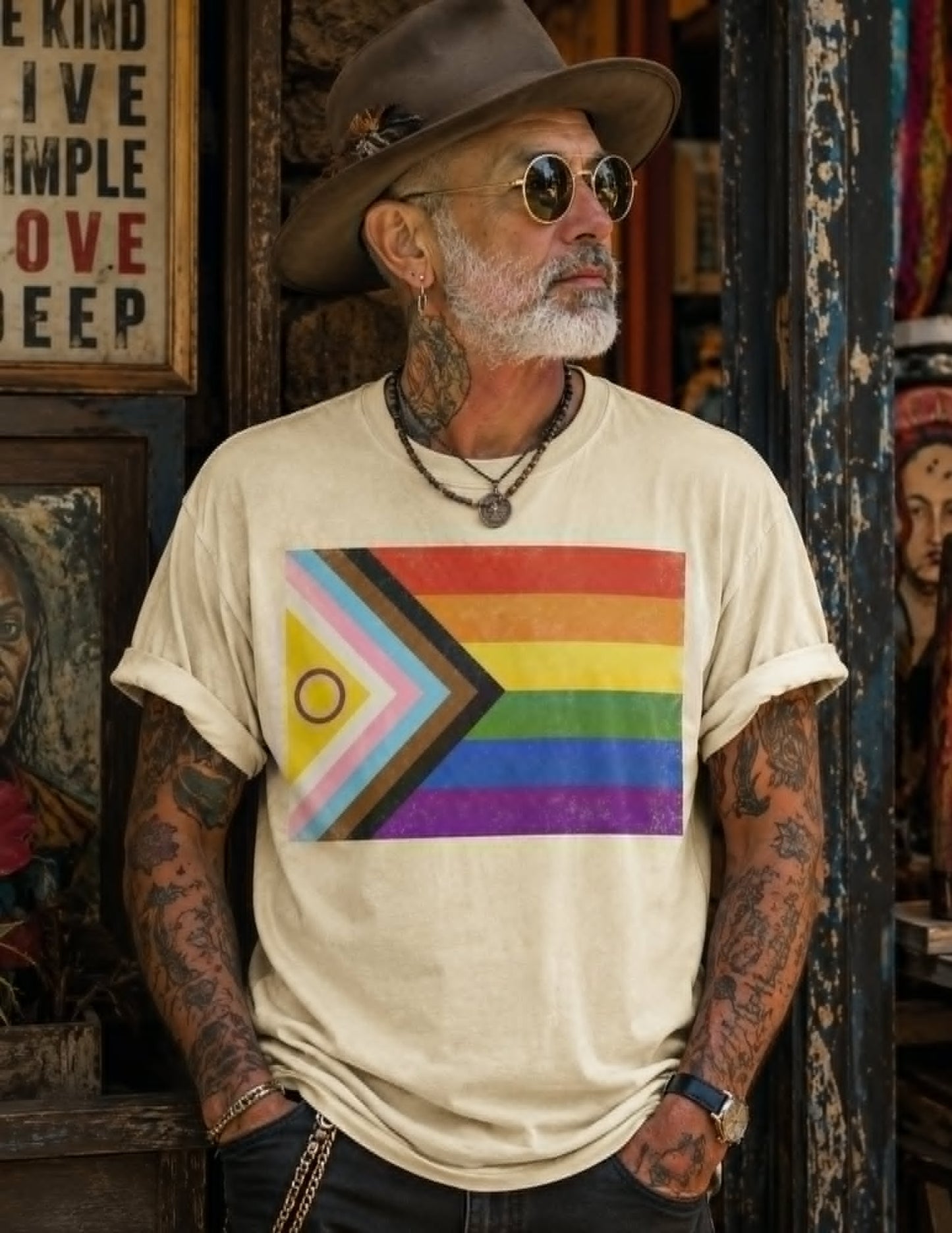 Man wearing a rainbow flag t-shirt with tattoos and a hat in a rustic setting