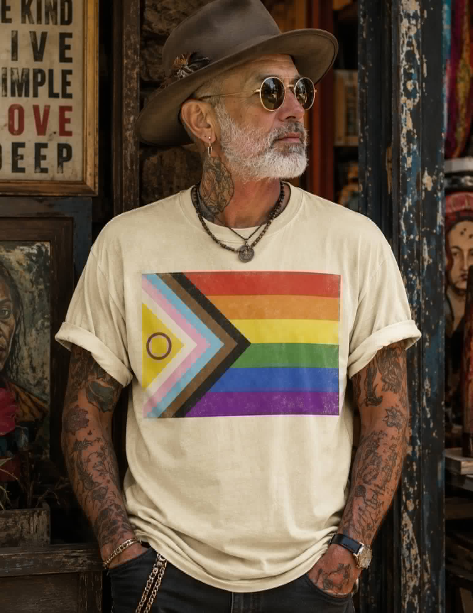 Man wearing a rainbow flag t-shirt with tattoos and a hat in a rustic setting