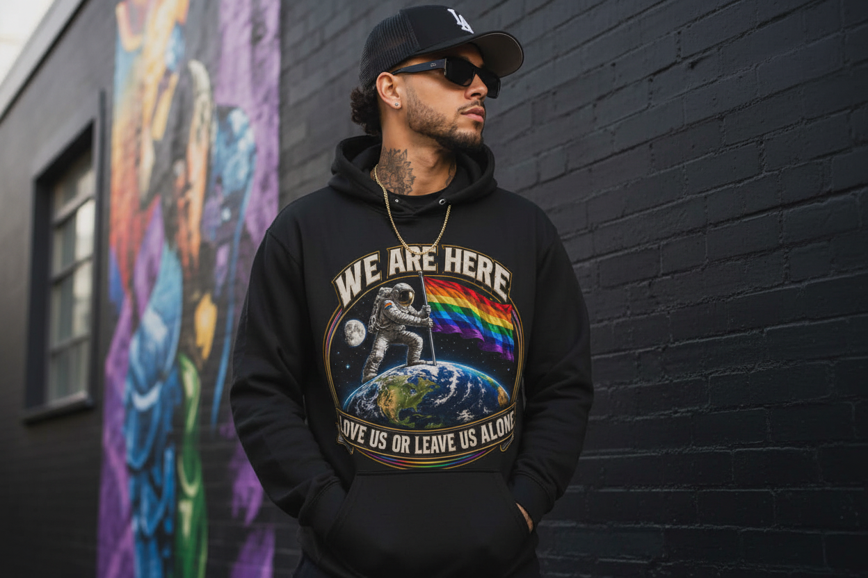 We Are Here Pride hoodie mockup